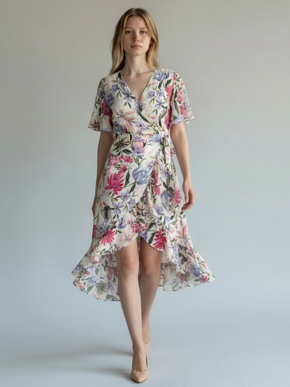 CALVIN KLEIN Floral Wrap High-Low Dress Pink Garden Party Wedding Resort Flowy 4
